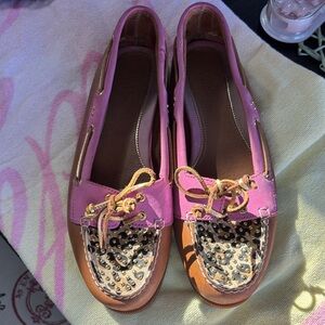 Sperry Pink and Brown Studded Bow Moccasin Flats